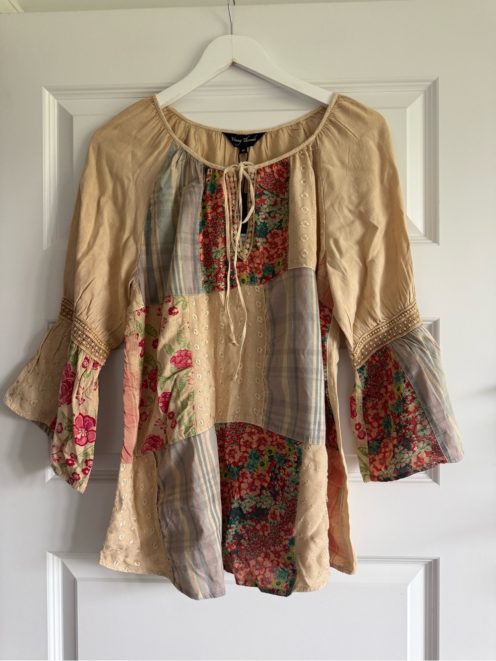 NWT Young Threads Mixed Print Patchwork Boho Peasant Top in Latte